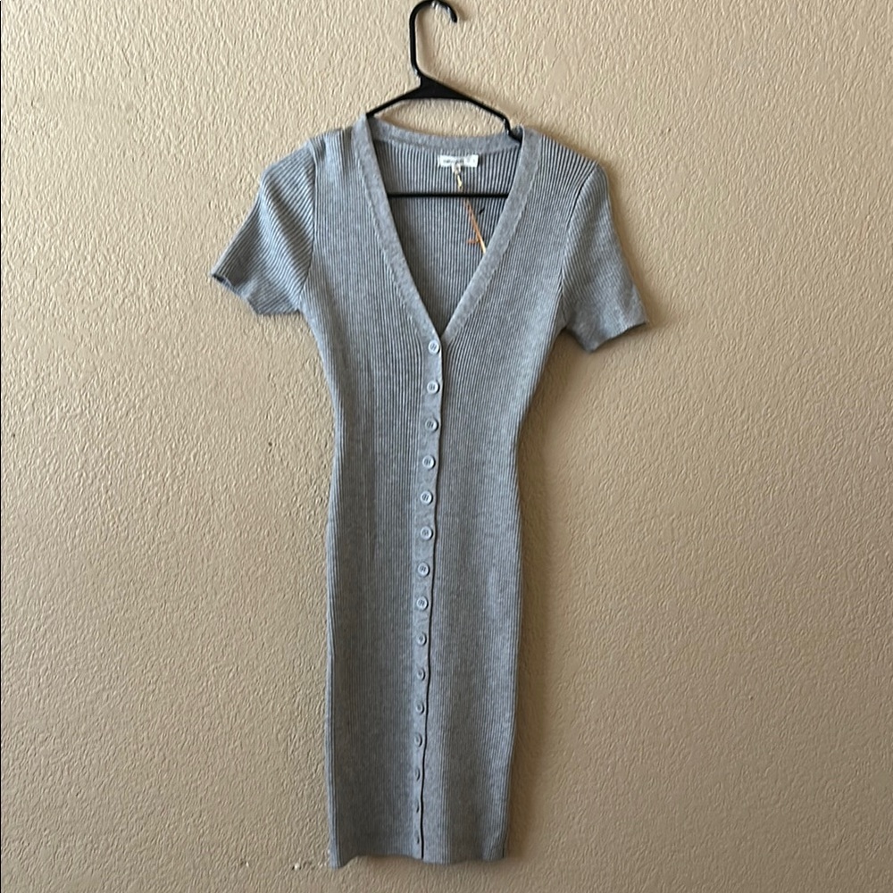 Gray Ribbed V-Neck Bodycon Midi Dress